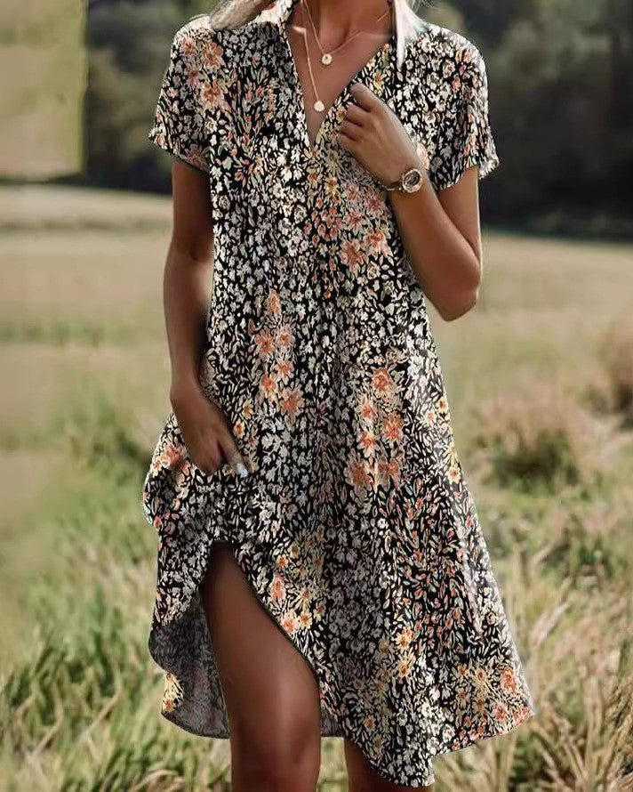 Split Hem Boho Print Collared Sundress - Brown