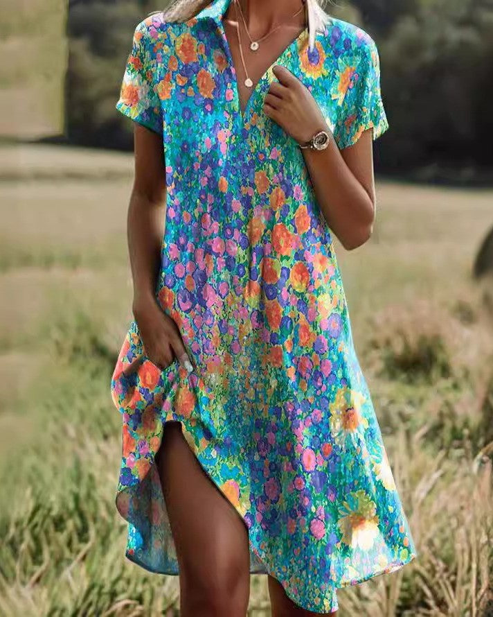 Split Hem Boho Print Collared Sundress - Emerald