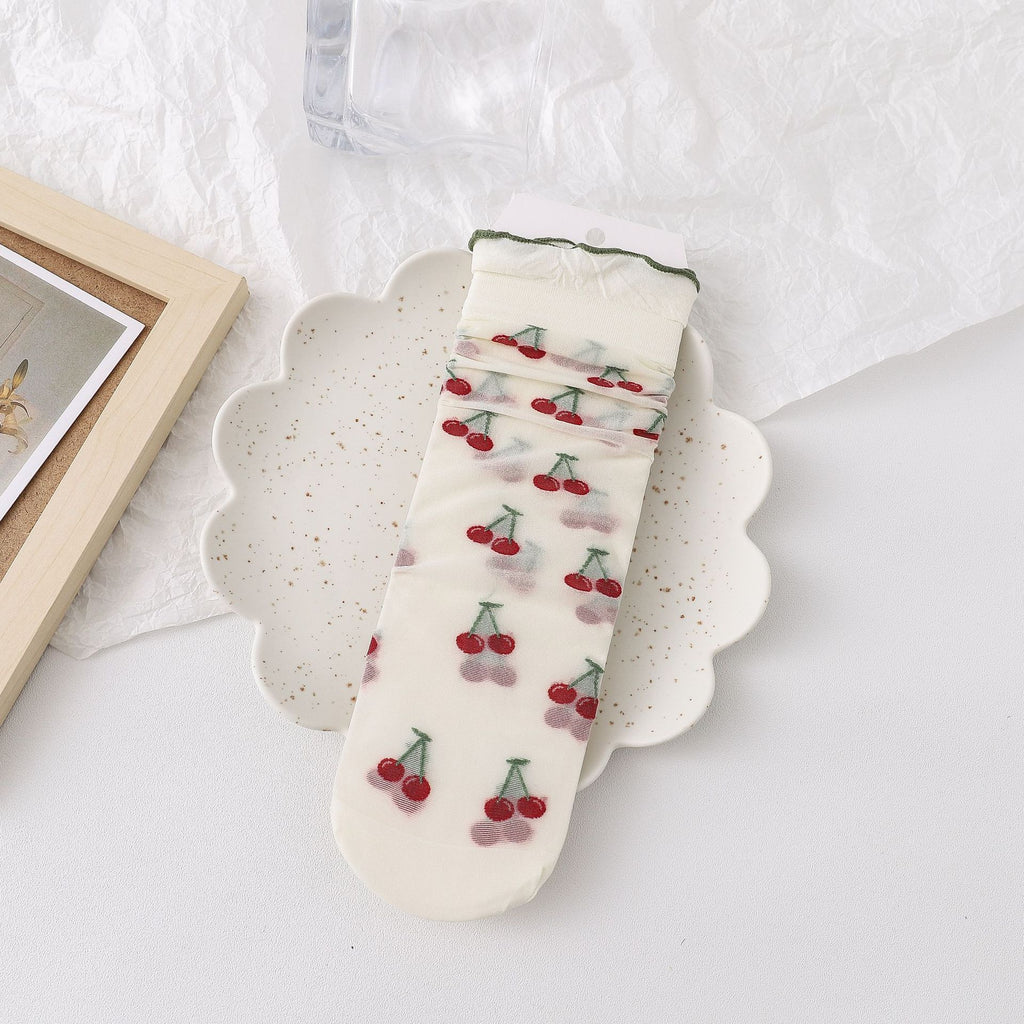 Sheer Fruit Embroidered Ruffle Trim Socks - Cherry
