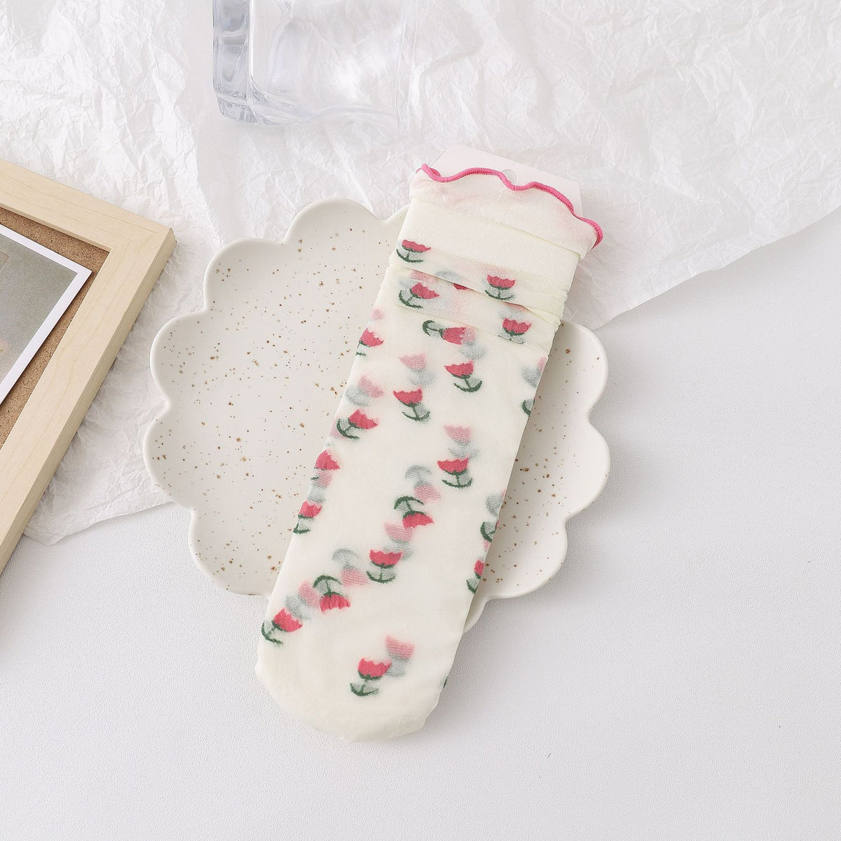Sheer Fruit Embroidered Ruffle Trim Socks - Flower