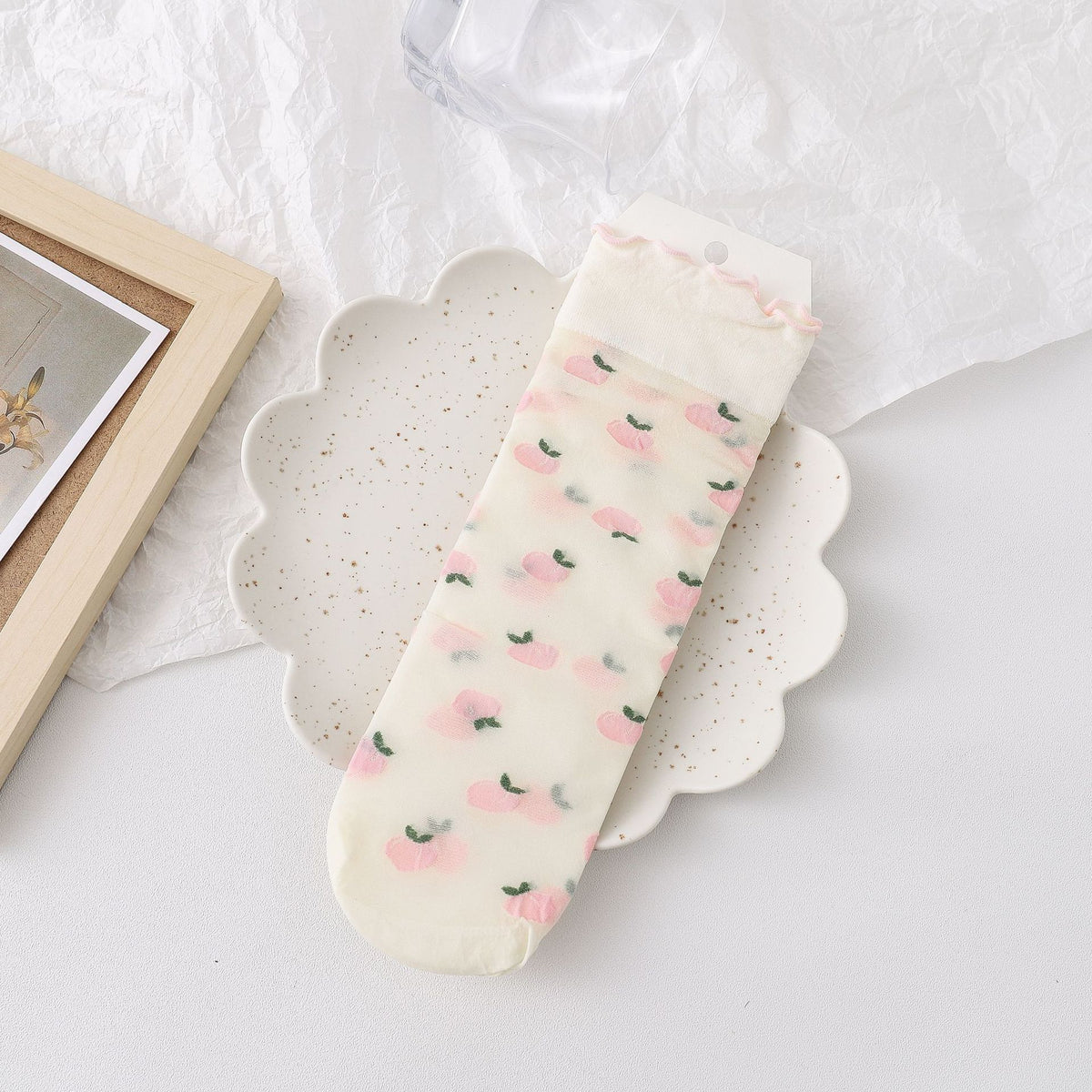 Sheer Fruit Embroidered Ruffle Trim Socks - Peach
