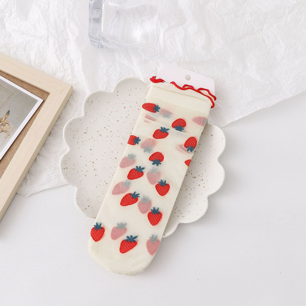Sheer Fruit Embroidered Ruffle Trim Socks - Strawberry - 1