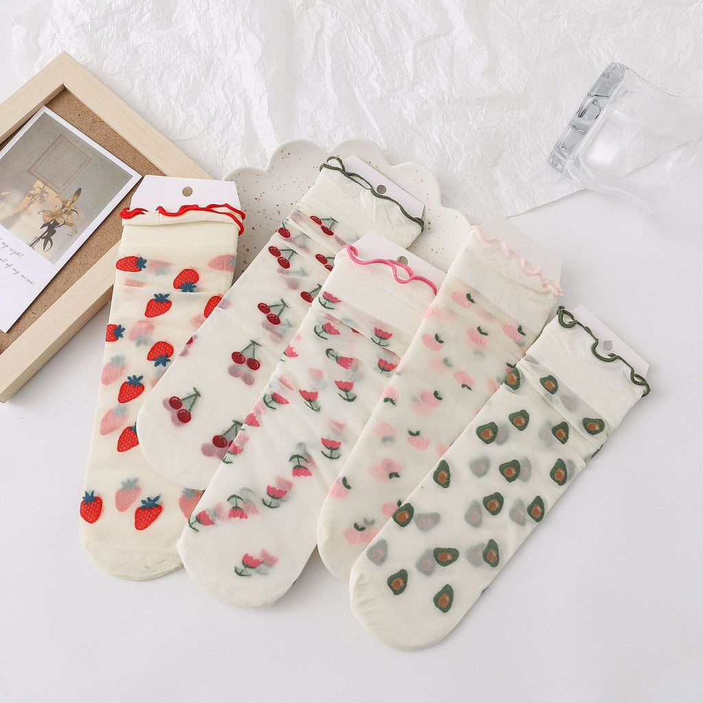 Sheer Fruit Embroidered Ruffle Trim Socks - Strawberry - 2