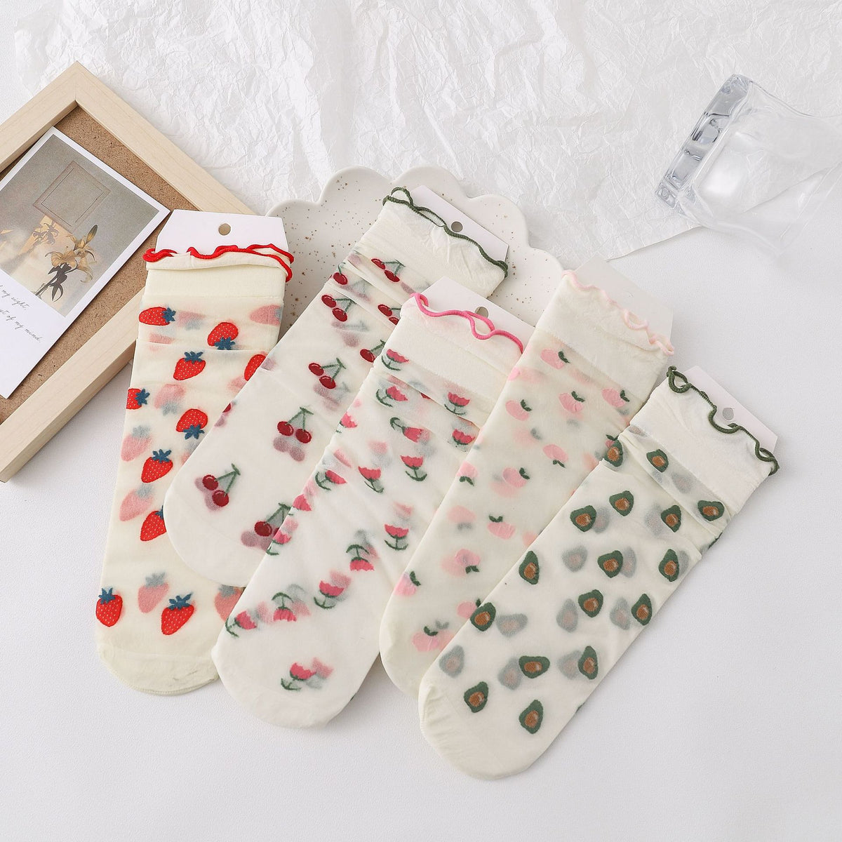 Sheer Fruit Embroidered Ruffle Trim Socks - Strawberry - 2