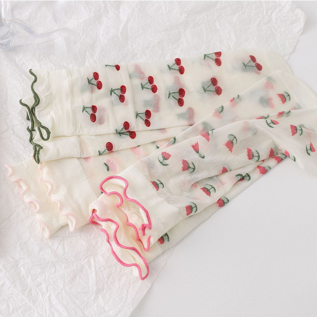 Sheer Fruit Embroidered Ruffle Trim Socks - Strawberry - 3