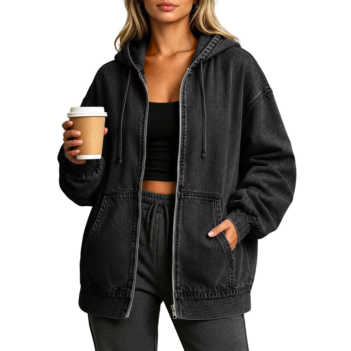 Relaxed Hooded Denim Zip Up Jacket - Black - 2