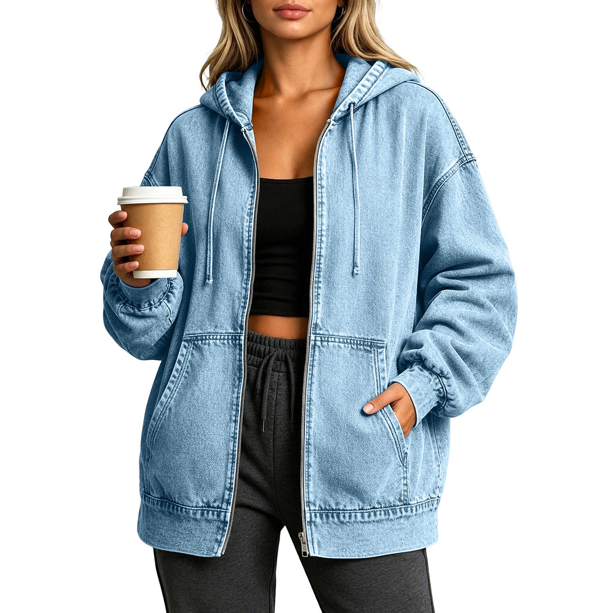 Relaxed Hooded Denim Zip Up Jacket - Blue