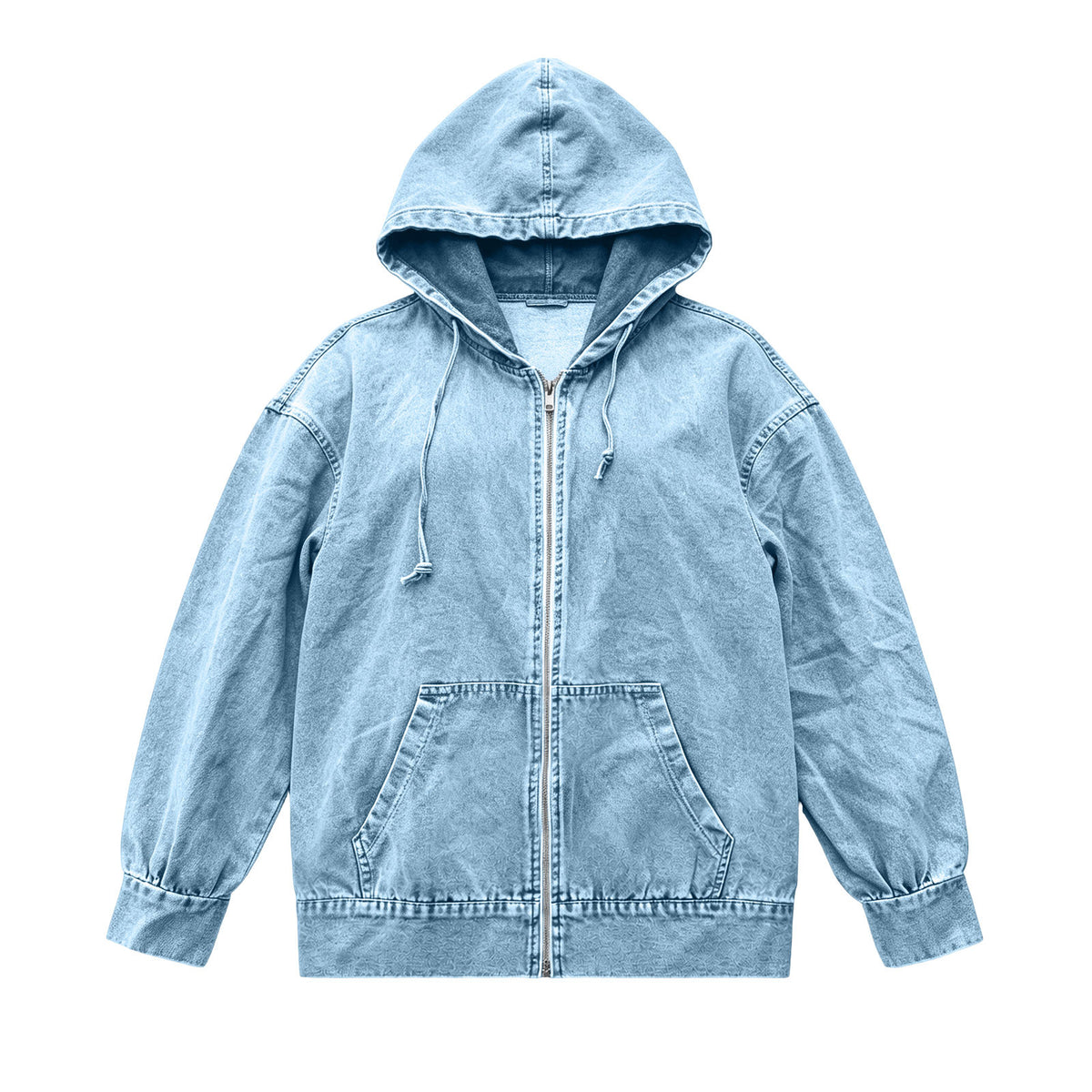 Relaxed Hooded Denim Zip Up Jacket - Blue - 1