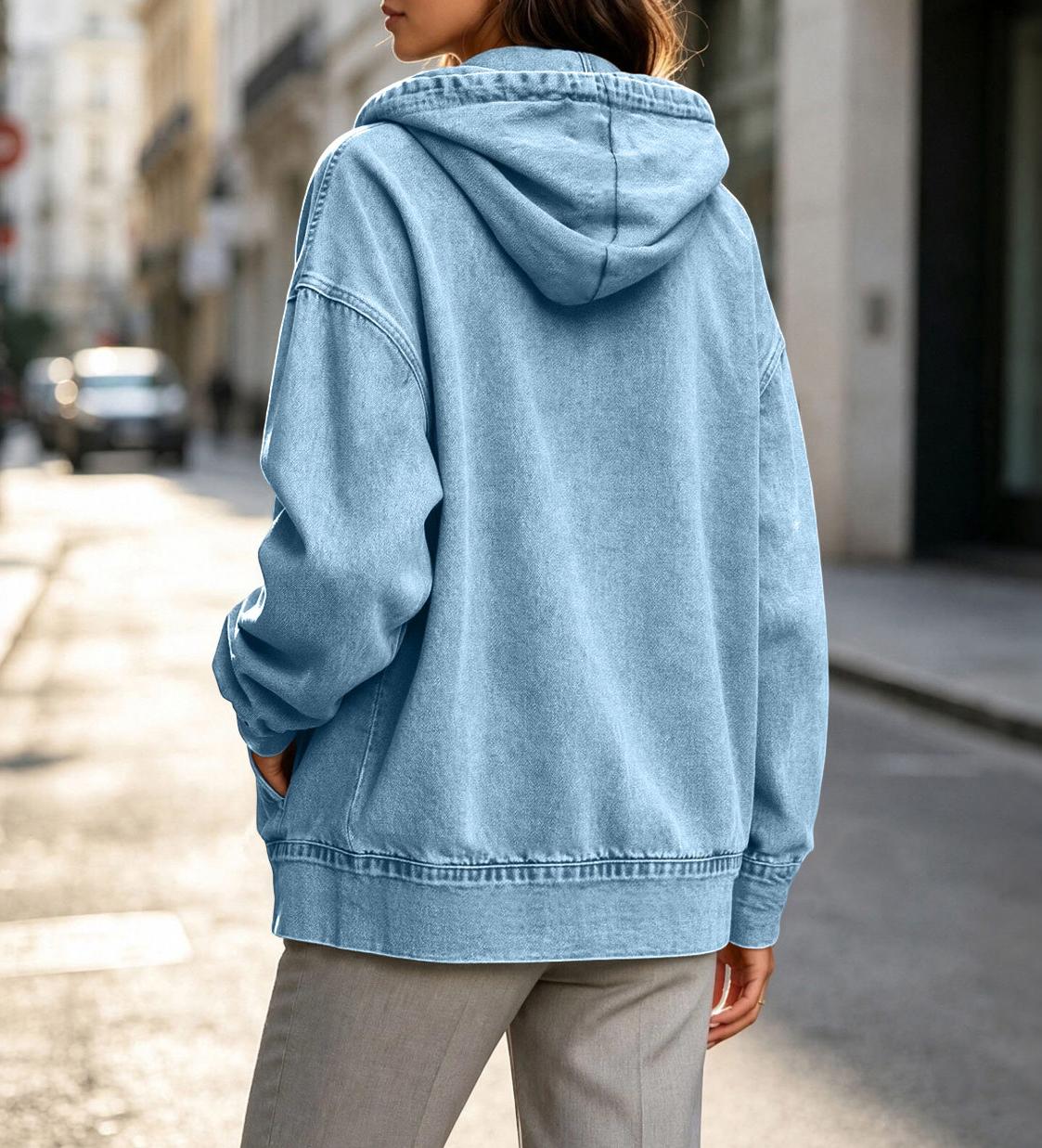 Relaxed Hooded Denim Zip Up Jacket - Blue - 4