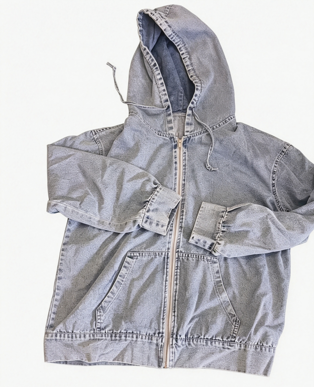 Relaxed Hooded Denim Zip Up Jacket - Blue - 5