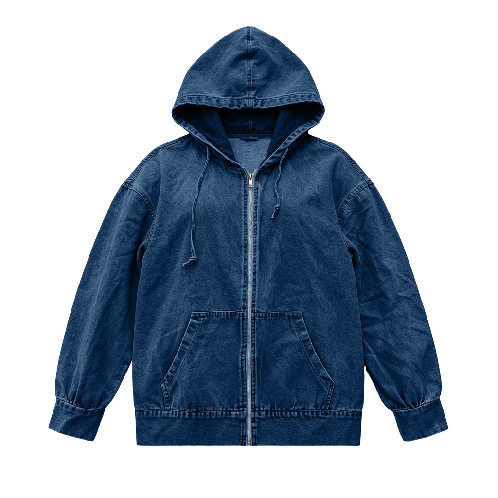 Relaxed Hooded Denim Zip Up Jacket - DarkBlue