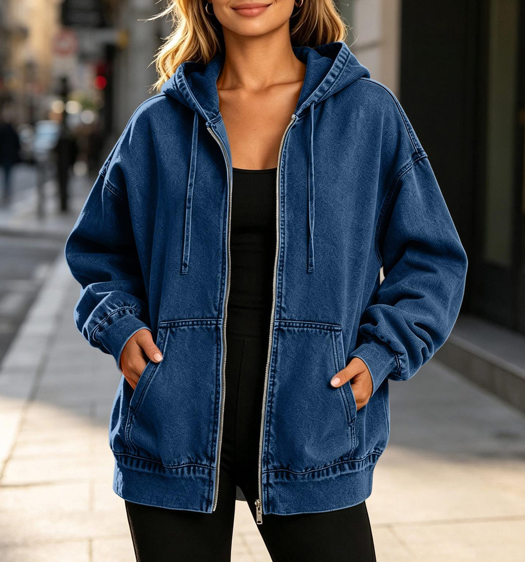 Relaxed Hooded Denim Zip Up Jacket - DarkBlue - 2