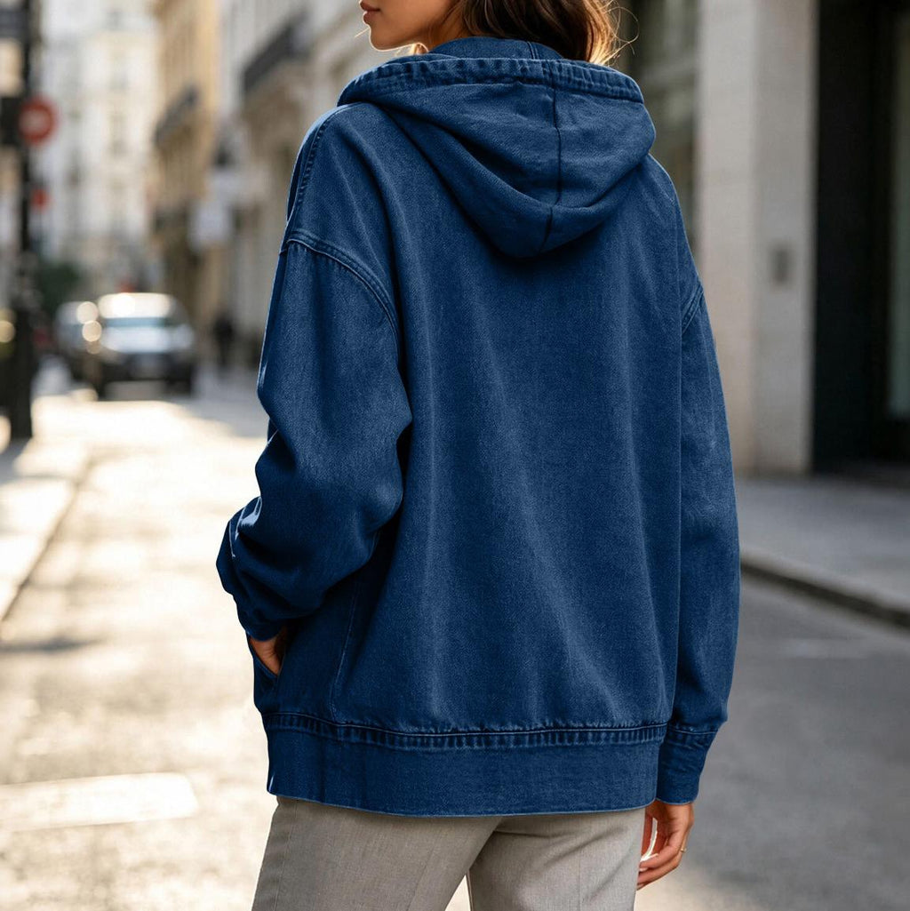 Relaxed Hooded Denim Zip Up Jacket - DarkBlue - 3