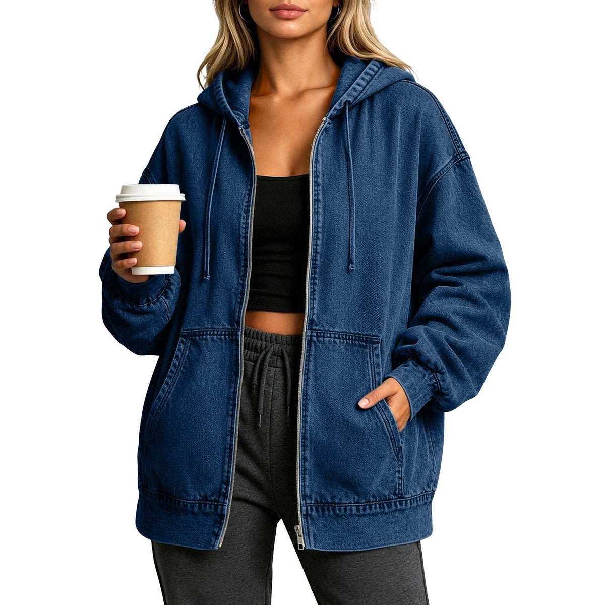 Relaxed Hooded Denim Zip Up Jacket - DarkBlue - 4
