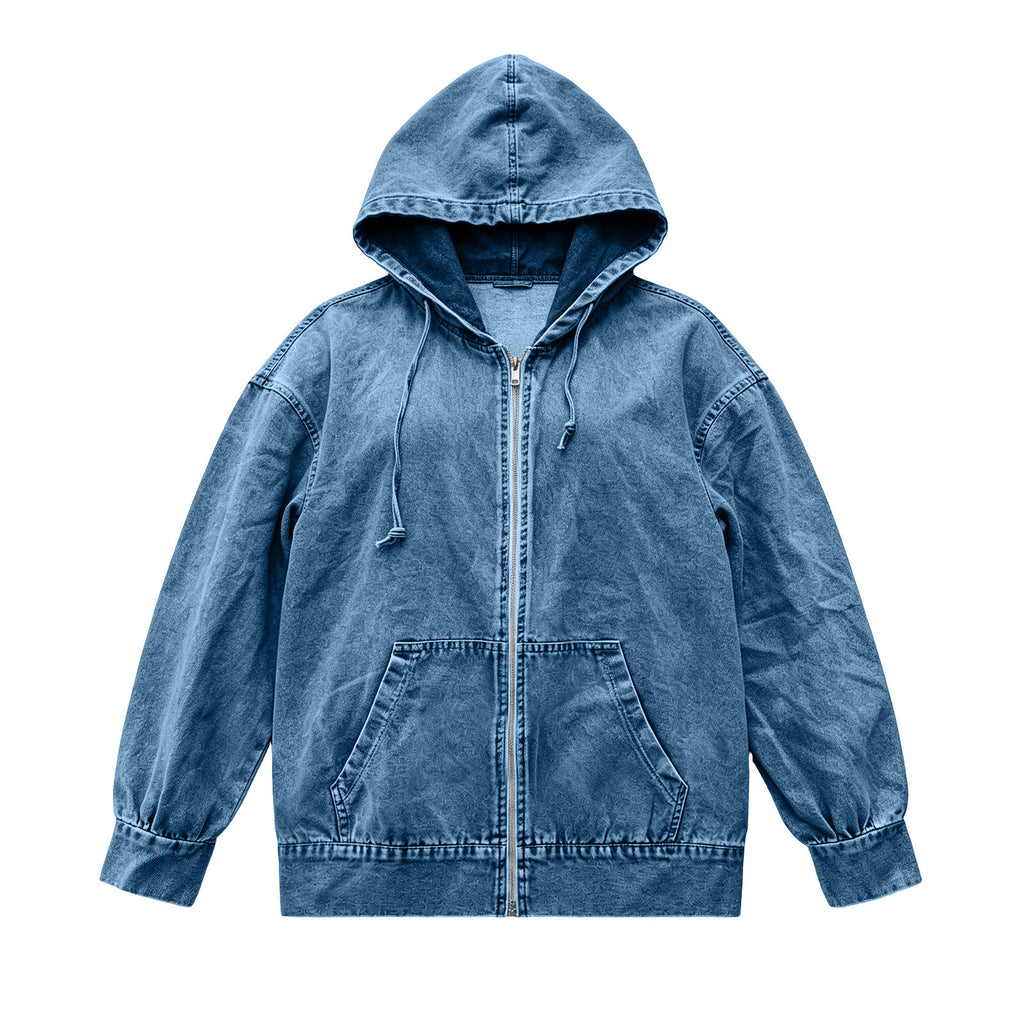 Relaxed Hooded Denim Zip Up Jacket - MBlue