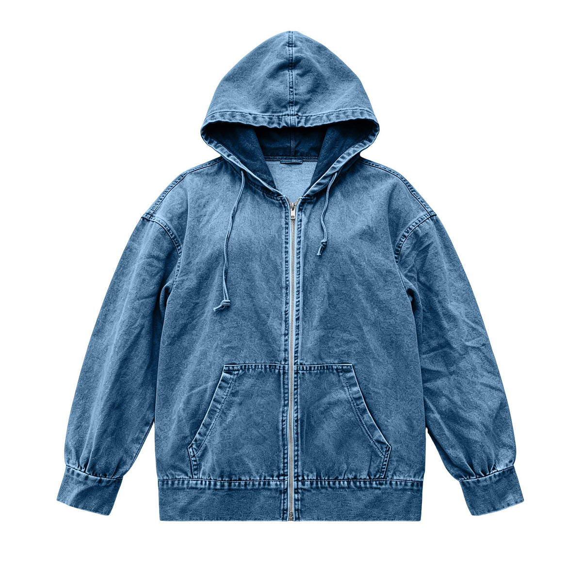 Relaxed Hooded Denim Zip Up Jacket - MBlue