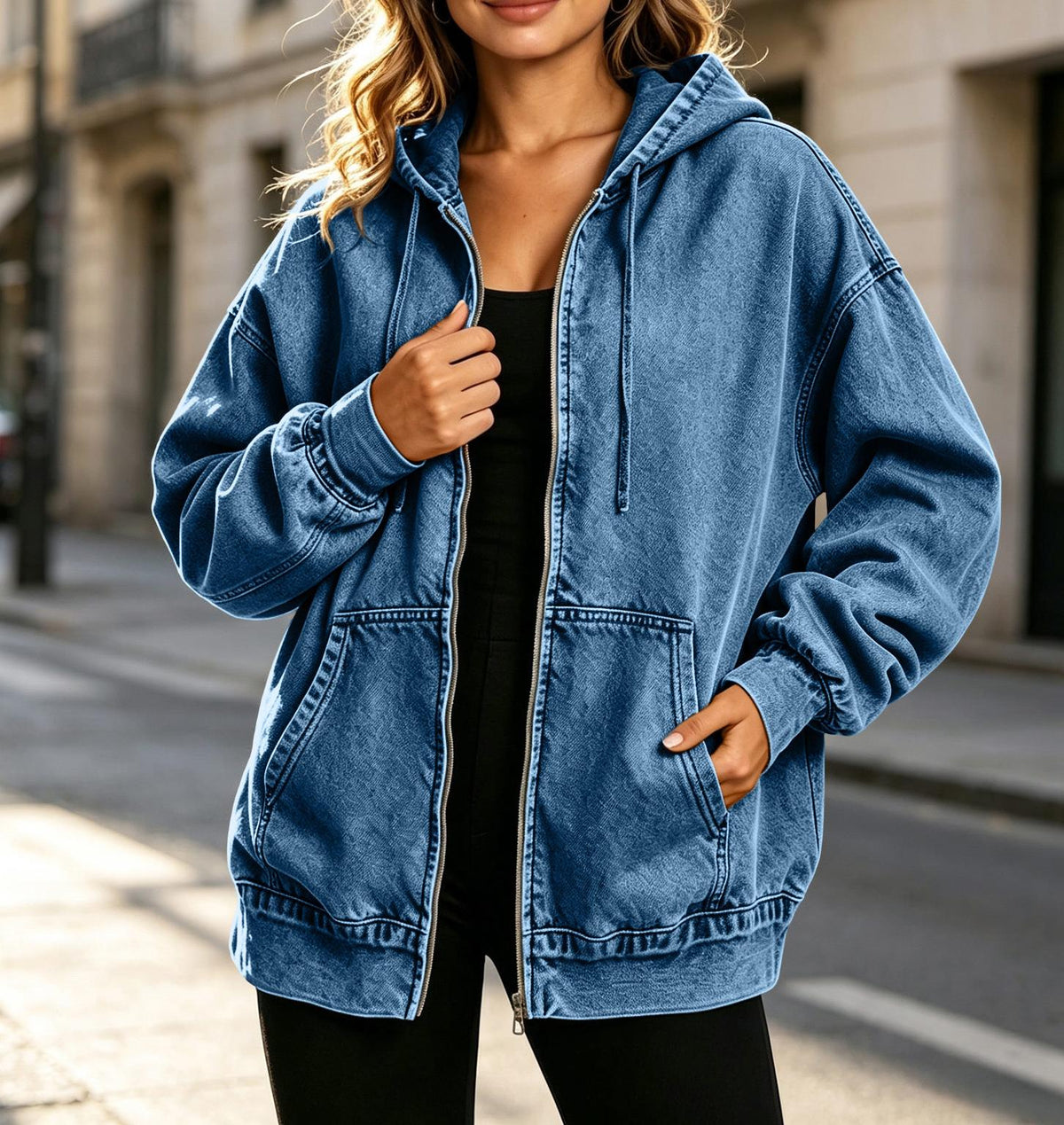Relaxed Hooded Denim Zip Up Jacket - MBlue - 1
