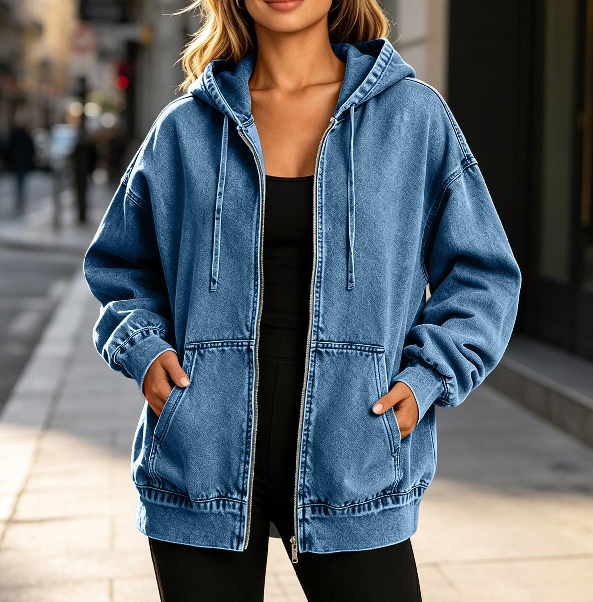 Relaxed Hooded Denim Zip Up Jacket - MBlue - 2