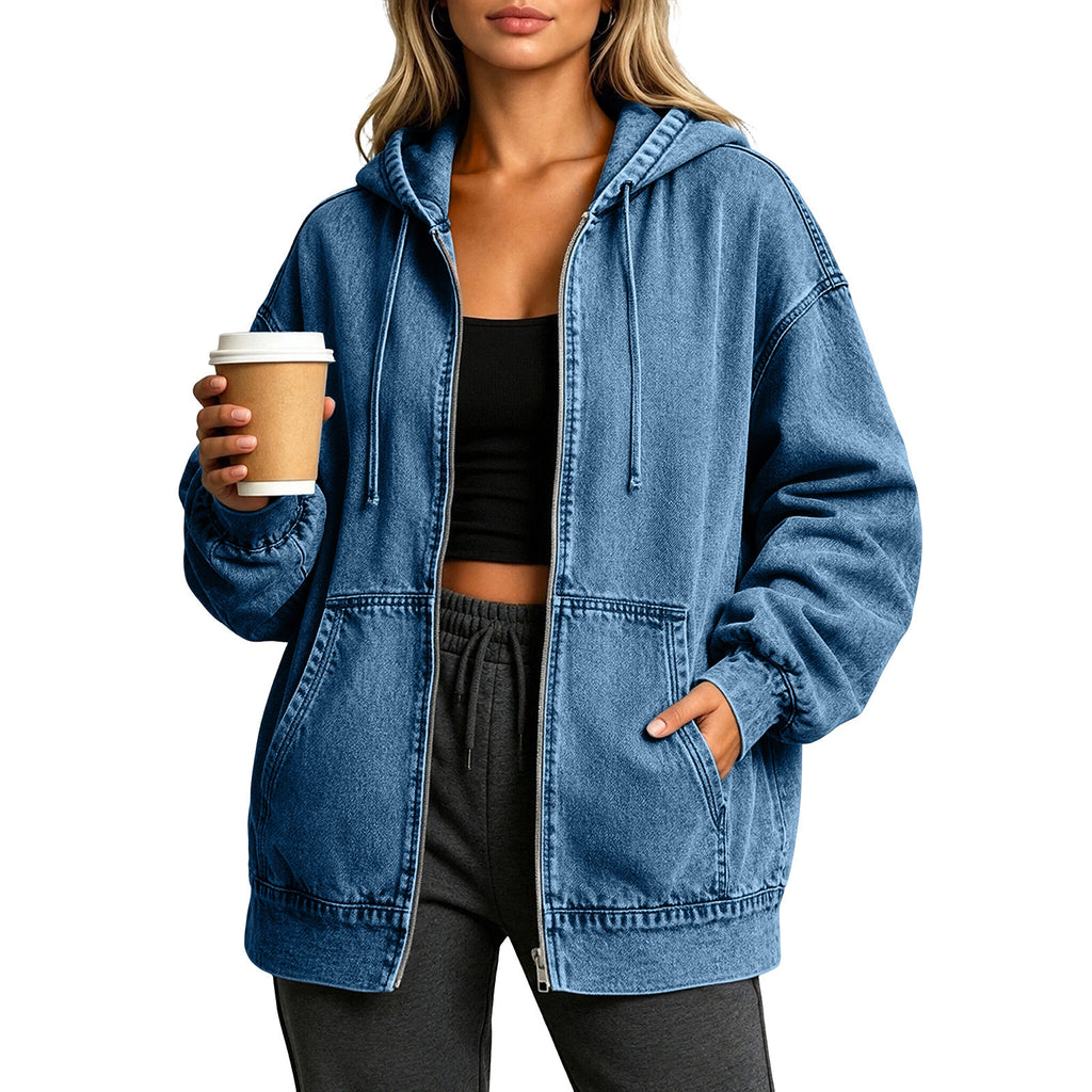 Relaxed Hooded Denim Zip Up Jacket - MBlue - 3