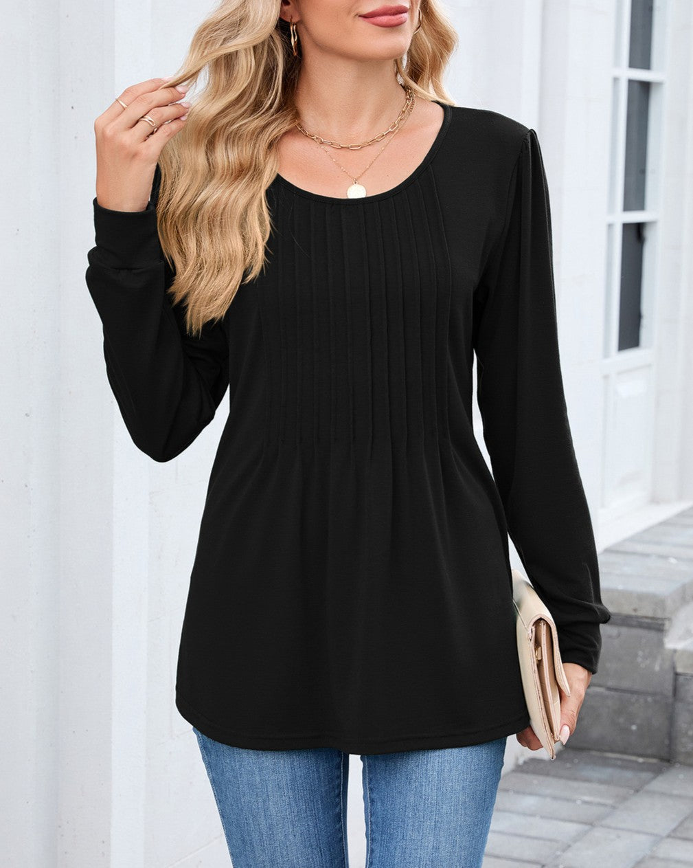 Pleated Front Scoop Neck Tunic Top - Black
