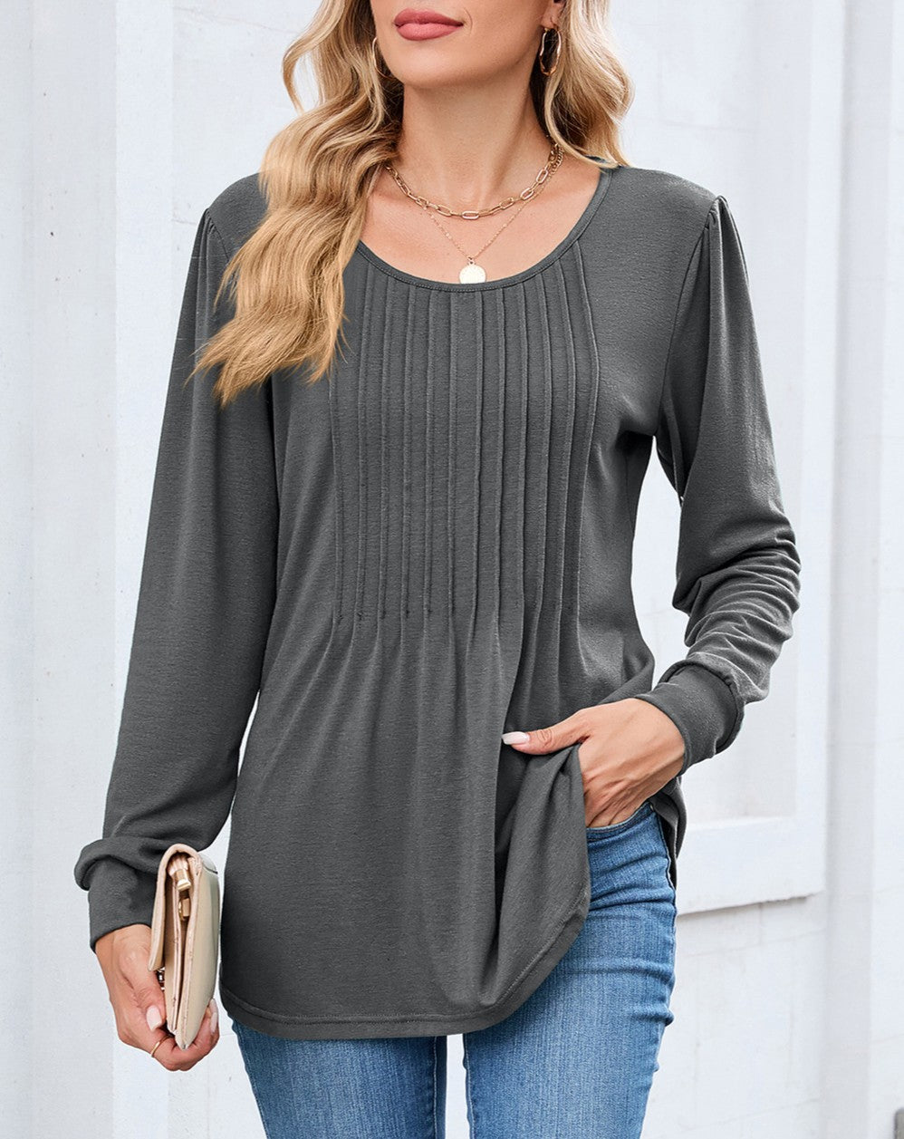 Pleated Front Scoop Neck Tunic Top - Grey