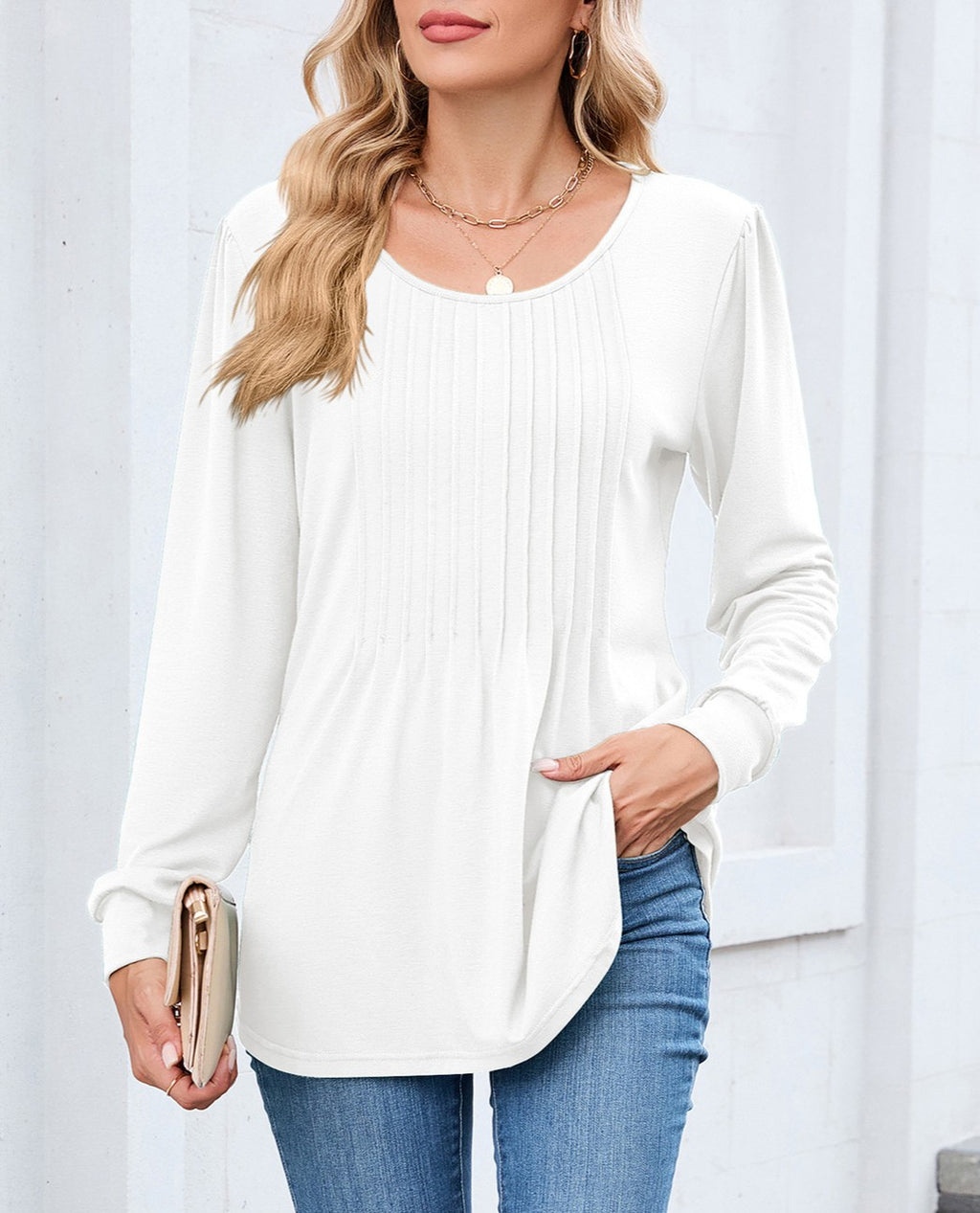 Pleated Front Scoop Neck Tunic Top - White