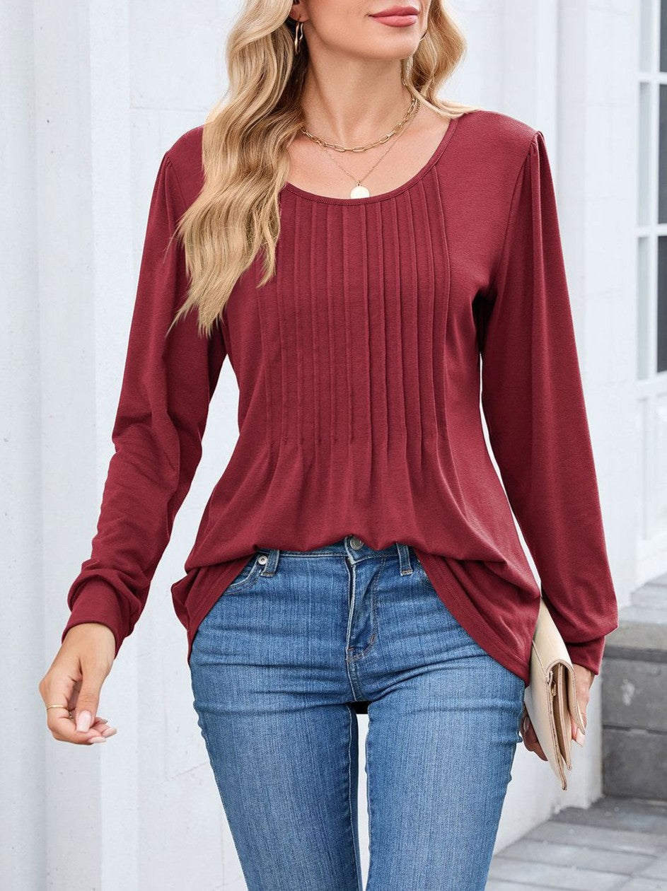 Pleated Front Scoop Neck Tunic Top - Winered