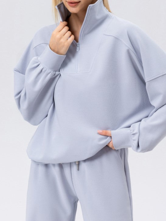 Half Zip Drop Shoulder Pullover Sweatshirt - Blue