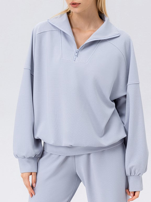 Half Zip Drop Shoulder Pullover Sweatshirt - Blue - 1