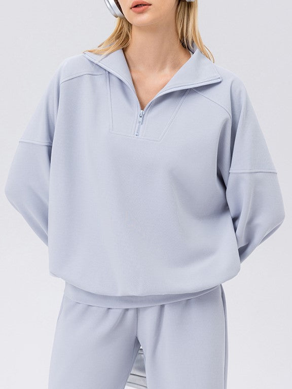 Half Zip Drop Shoulder Pullover Sweatshirt - Blue - 2