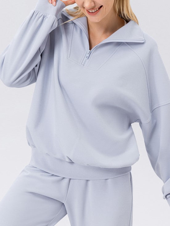 Half Zip Drop Shoulder Pullover Sweatshirt - Blue - 3