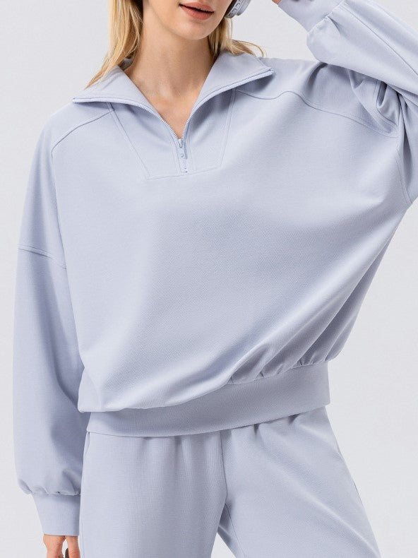 Half Zip Drop Shoulder Pullover Sweatshirt - Blue - 7
