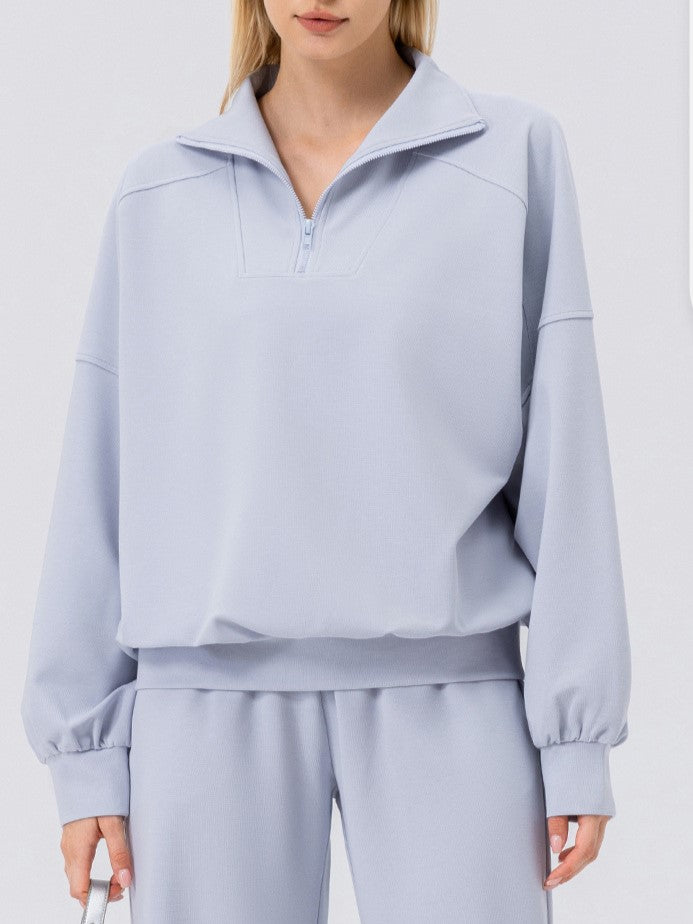 Half Zip Drop Shoulder Pullover Sweatshirt - Blue - 8
