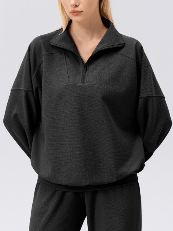Half Zip Drop Shoulder Pullover Sweatshirt - black