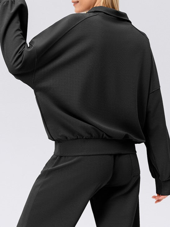 Half Zip Drop Shoulder Pullover Sweatshirt - black - 1
