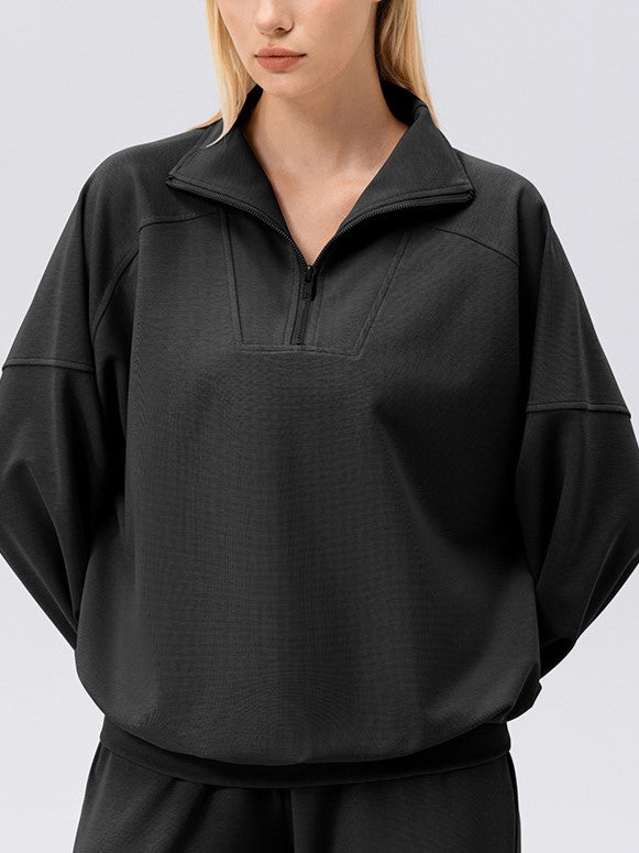 Half Zip Drop Shoulder Pullover Sweatshirt - black - 2