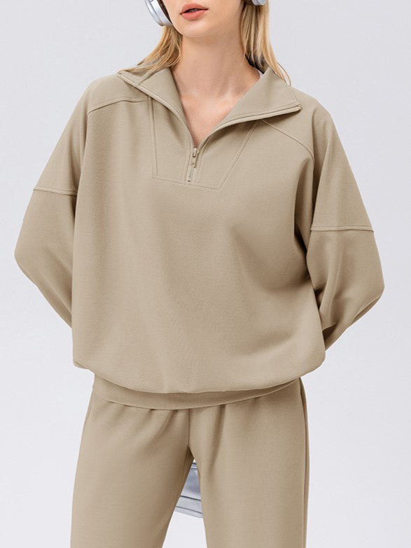 Half Zip Drop Shoulder Pullover Sweatshirt - khaki