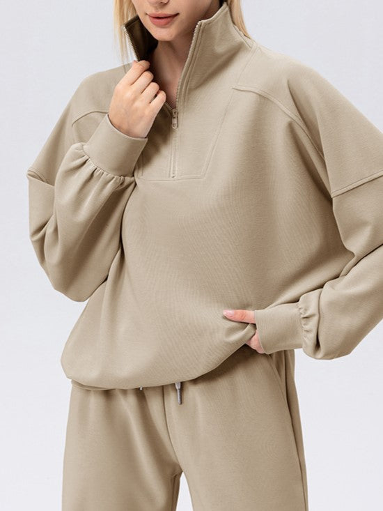 Half Zip Drop Shoulder Pullover Sweatshirt - khaki - 1