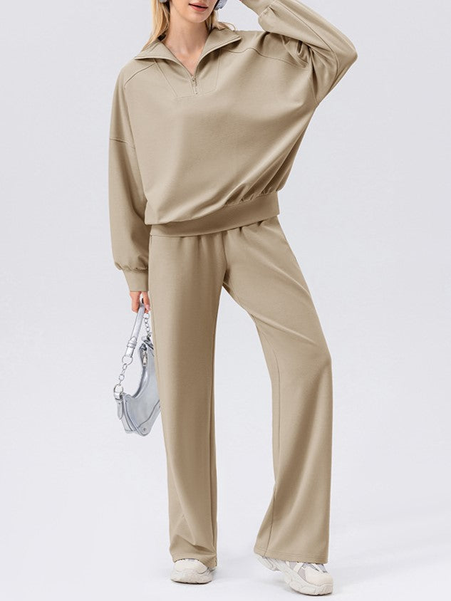 Half Zip Drop Shoulder Pullover Sweatshirt - khaki - 2