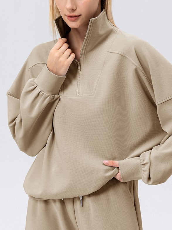 Half Zip Drop Shoulder Pullover Sweatshirt - khaki - 3