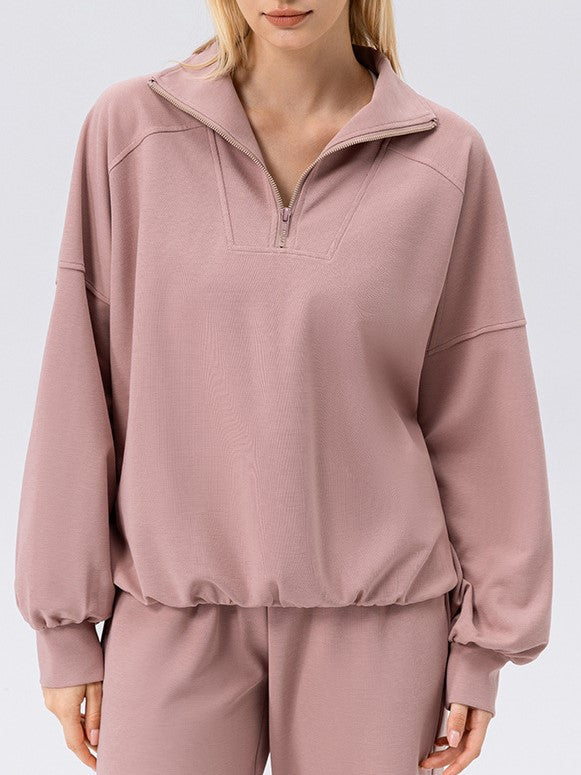 Half Zip Drop Shoulder Pullover Sweatshirt - pink