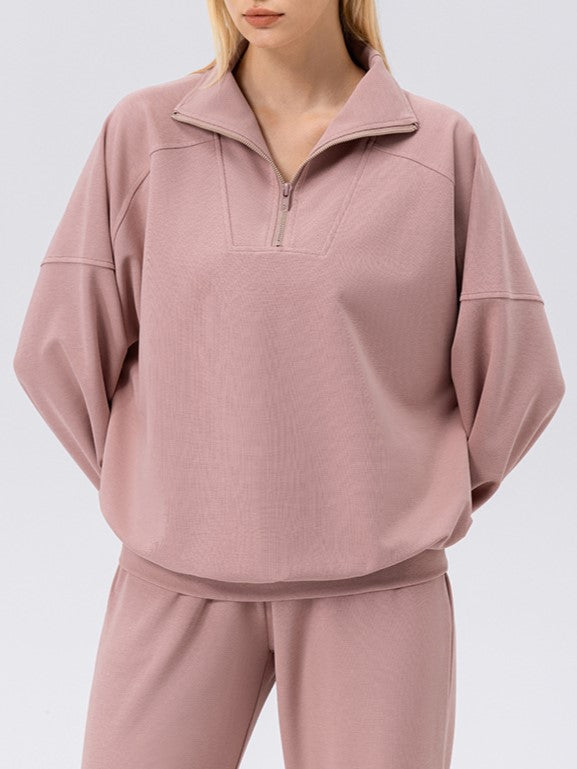 Half Zip Drop Shoulder Pullover Sweatshirt - pink - 1