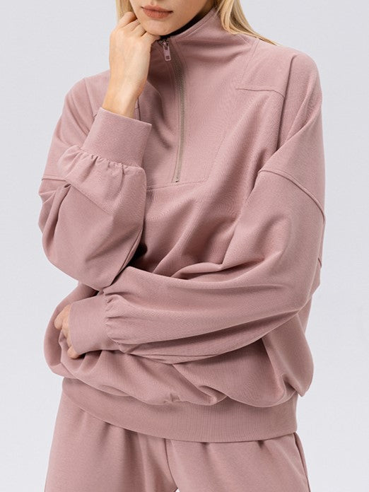 Half Zip Drop Shoulder Pullover Sweatshirt - pink - 2