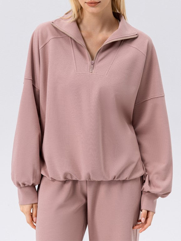 Half Zip Drop Shoulder Pullover Sweatshirt - pink - 3