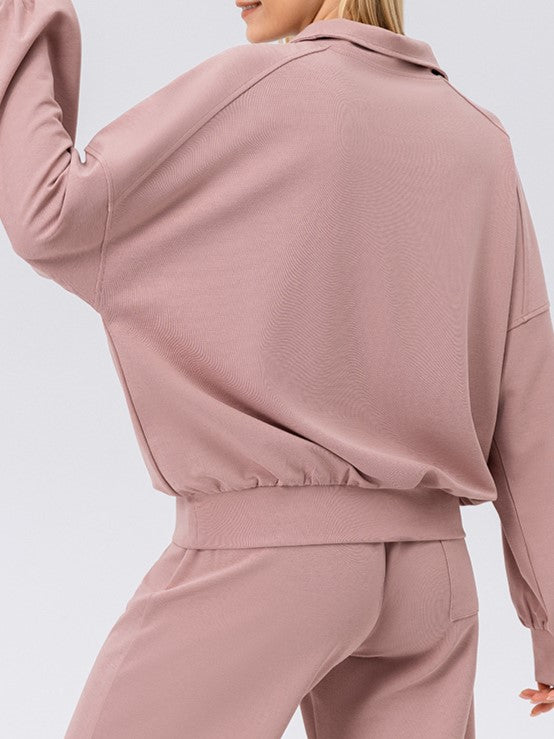 Half Zip Drop Shoulder Pullover Sweatshirt - pink - 4