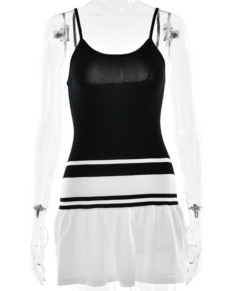 Striped Drop Waist Cami Mini Dress - Black