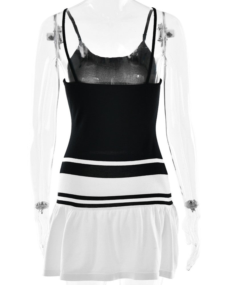 Striped Drop Waist Cami Mini Dress - Black - 1