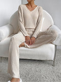 Ribbed Knit V Neck Wide Leg Lounge Set - Apricot