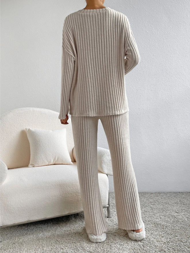 Ribbed Knit V Neck Wide Leg Lounge Set - Apricot - 2