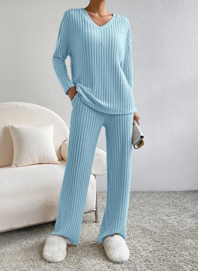 Ribbed Knit V Neck Wide Leg Lounge Set - Blue